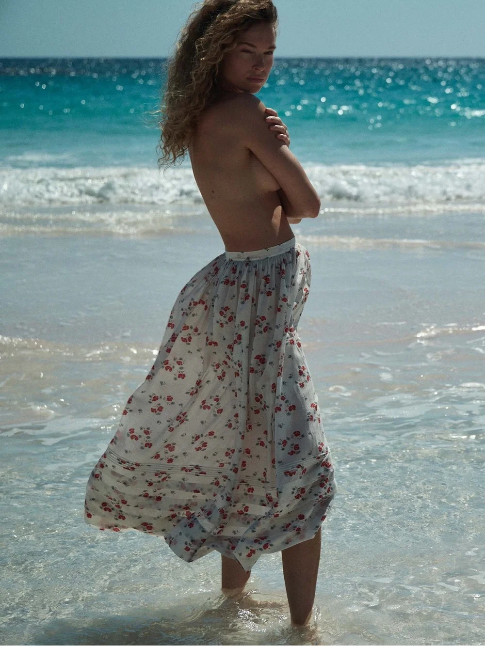 Doen Marcie Cotton Pintuck A Line Midi Maxi Skirt Poppy Fields White Red Floral